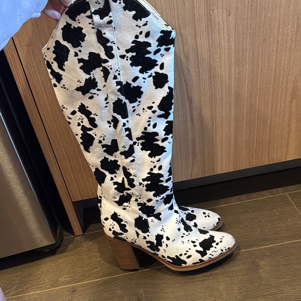Cow Print Knee-High Boots